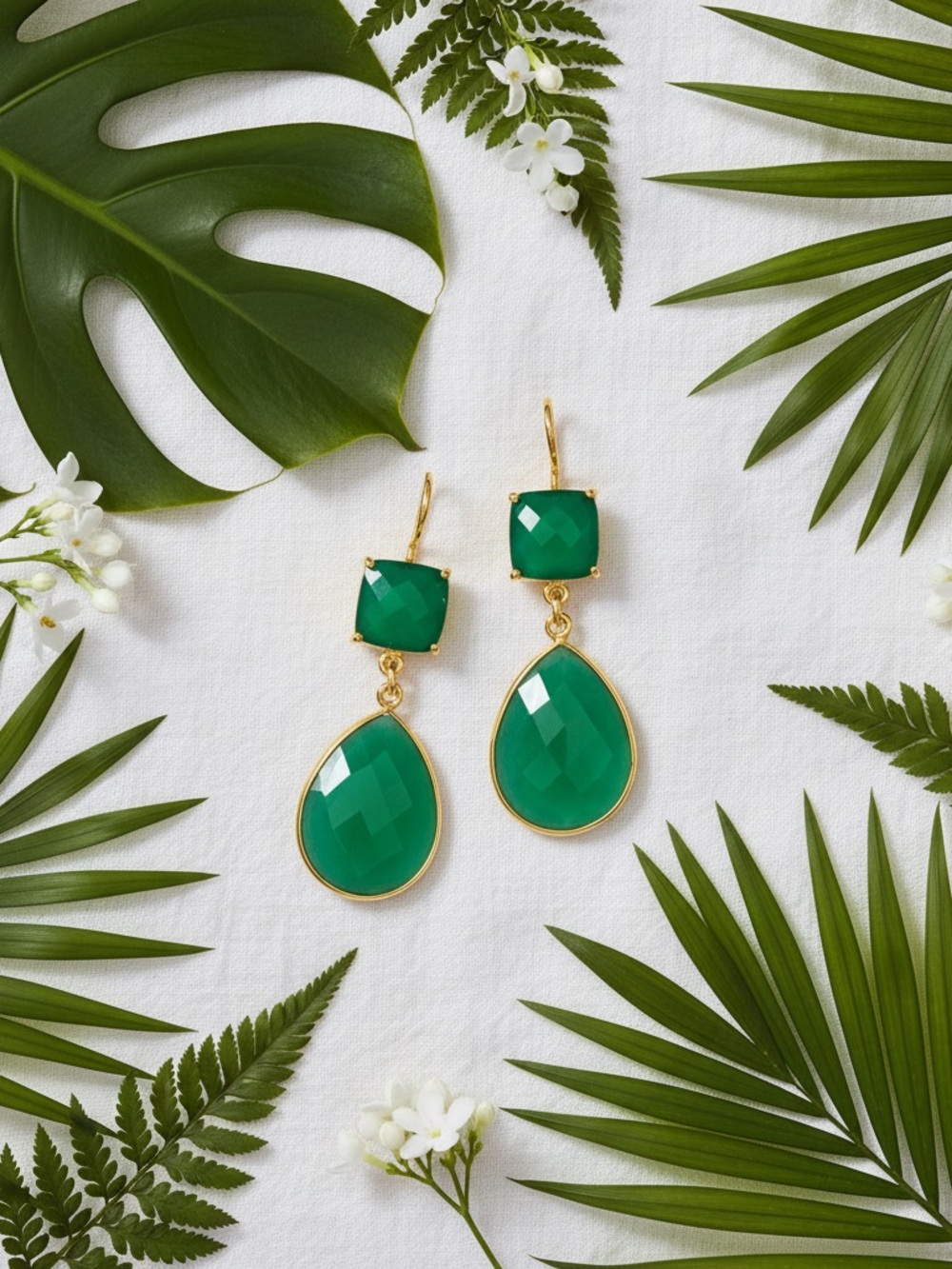 Elegant Green and Gold Drop Earrings Vermeil